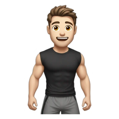 amazed Open with surprise mouth Pale skinned Fit Man With the biceps and dark brown hair in black shirt, gray sports shorts and white Sneakers sticker