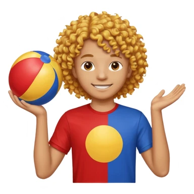 una persona de 18 años marron clarito con el pelo amrillo rizado con una camiseta roja y azul con un logo circular dorado y levantando un balon de playa sticker