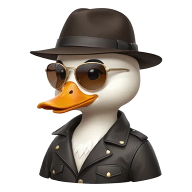Cute white anthropomorphic duck gangster in black fedora hat, large sunglasses, orange beak, leather jacket. Glossy 3D cartoon emoji style, vibrant, detailed feathers/textures, side profile pose, transparent PNG background, ultra-detailed 8k, no text.
 sticker
