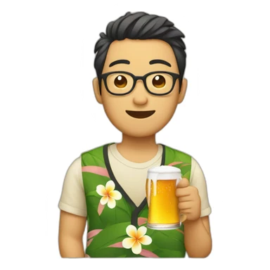 Japanese wearing glasses alohashirt is holding beer sticker
