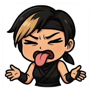 Sexy chibi ninja girl with black short hair and a blonde streak, only head and arms, colorful chibi style with bold outlines, transparent background, no mask, disgusted face with tongue sticking out and eyes squinting, sized for Twitch emoji use. sticker