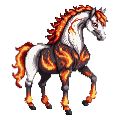 A red fire horse made of embers and magma, with visible lava flowing through its body, flames burning off its mane and tail, and ash particles surrounding it sticker