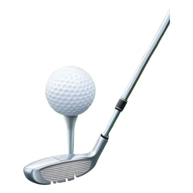A golf ball on a tee, with a golf club placed beside it on the lush green fairway. The background shows a serene golf course with neatly trimmed grass and a clear blue sky, emphasizing the elegance and precision of the game. sticker