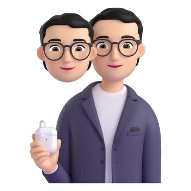Memoji-style 3D cartoon male avatar, light skin, short black hair, side part, large round black eyes, thin arched eyebrows, small sharp nose, smiling mouth, thin round glasses, silver AirPods Max, black blazer, white T-shirt, smart relaxed, curious and attentive, podcast host sticker
