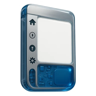 Replace the blue text area with a glossy, rounded blue computer screen style as before. Do not render any sample icons in the icon area. Keep the rest of the card unchanged: brushed metal frame, title, and icons area as one piece, white main area. No text or labels anywhere. sticker