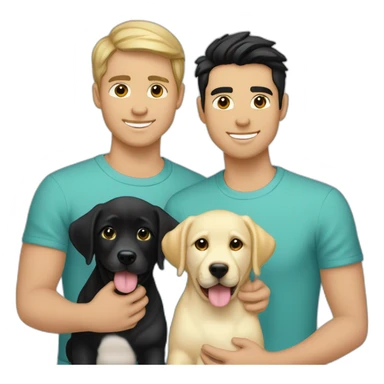 gay-couple,-1-guy-straight-blackhair australian-and-1-australian-white-guy-with-blackhair-slightly-curly-holding one light yellow labrador retriever puppy one labrador retriever puppy sticker