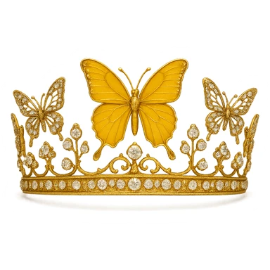 butterfly crown with a golden yellow base, one butterfly in deep yellow enamel, sparkling gems sticker