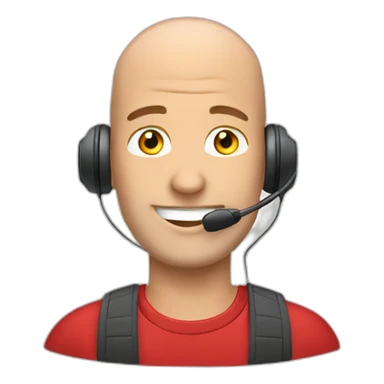 customer service bald man with headset with red t-shirt sticker