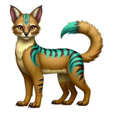 Realistic Colorful tropical tribal fruity exotic neon vibrant fantasy-caracal-civet-genet-sergal-vernid-Gryphon-Cacomistle-Trico-oncilla-animal-Fakémon-hybrid-fursona (full body), facial markings, (realism style) sticker