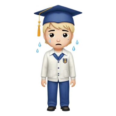 Create an emoji of a student with white skin tone crying. He is wearing a university uniform, including a shirt and pants and hat. The man is visibly upset, with tears streaming down his face. The background should be simple to emphasize his emotional state, conveying the feeling of being overwhelmed with school stress or personal struggles sticker