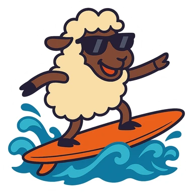 Add cool sunglasses to the sheep while keeping the surfboard and vibrant cartoon style the same. Remove the background. sticker