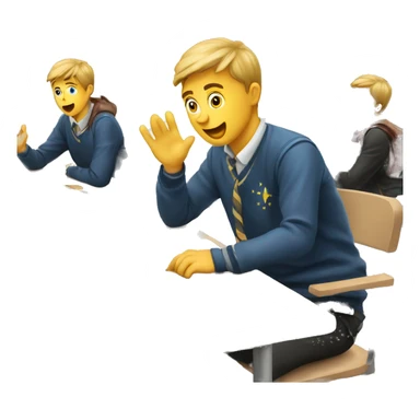 European students sitting at desks. One tries to catch a bag sticker