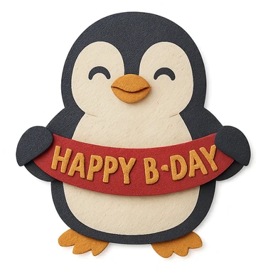 smiling penguin holding 'Happy B-Day' banner, paper-craft style sticker
