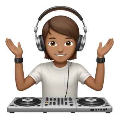 White dj mixing with dj booth, headphone on head, no cap, not bald, brown hair  sticker