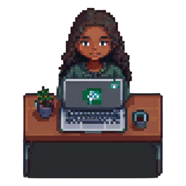 dusky-skinned girl working on an HP laptop, pixel art style emoji, similar to WhatsApp emoji style sticker