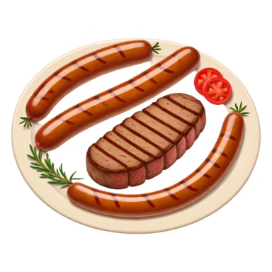 Meat dishes avatar in clean emoji-style illustration. Steak, roasted meat, and sausages, rich brown and red tones, simple shapes, flat design, hearty and appetizing. sticker