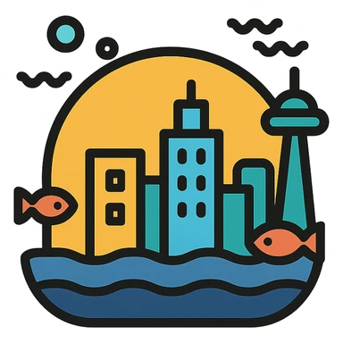 clean lines, color accents, underwater city sticker