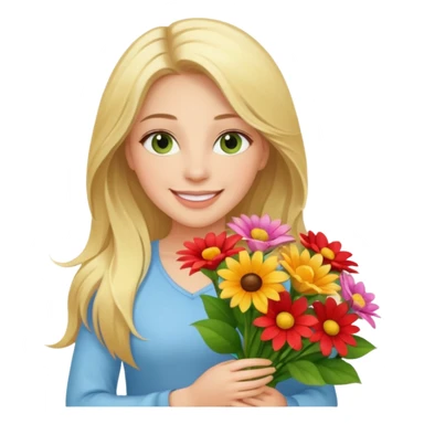 Long blonde haired smiling woman with hazel geen eyes holding a big bouquet of beautiful bright flowers  sticker