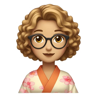 create an emoji of a girl with wavy hair, down to her shoulders, in light brown, with glasses, smiling and in a kimono sticker