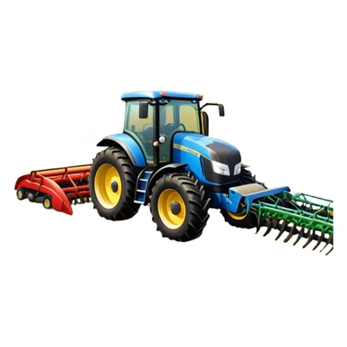 An icon representing a farming simulator, with a detailed tractor plowing fields under a bright sky with rural landscape. The design includes farming tools, crops and barns, symbolizing the immersive experience of managing a farm. Transparent background. sticker