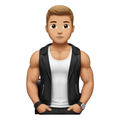 muscular man emoji wearing a white tank top and black jacket with a black car behind sticker