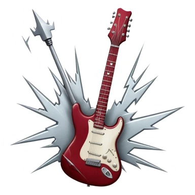 Create a fierce and edgy emoji representing hardcore rock vocal performance in a humanless collage. The design should feature a vintage microphone at the center,  surrounded by a menacing, distorted electric guitar with sharp, aggressive angles. Add crossed drumsticks behind the microphone to symbolize the rhythm and power of the drums. Include subtle elements like lightning bolts, flames, or jagged sound waves to evoke the raw energy and intensity of hardcore rock. Use dark, intense colors like black, red, and silver, with a metallic, gritty finish to convey the rebellious, aggressive spirit of the genre. The background should be transparent. sticker