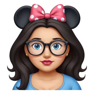 Thick Woman Blue eyes glasses Long dark hair Minnie mouse ears sticker