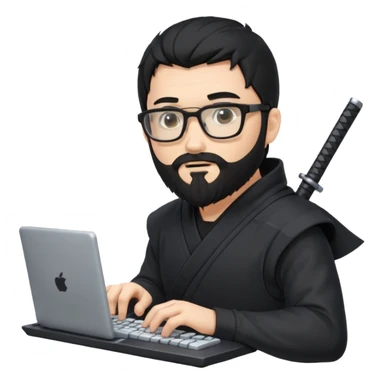 Man with black hair and beard wearing glasses in a ninja costume. Keep the top left version, make the beard longer and replace the sword on his with a computer keyboard  sticker