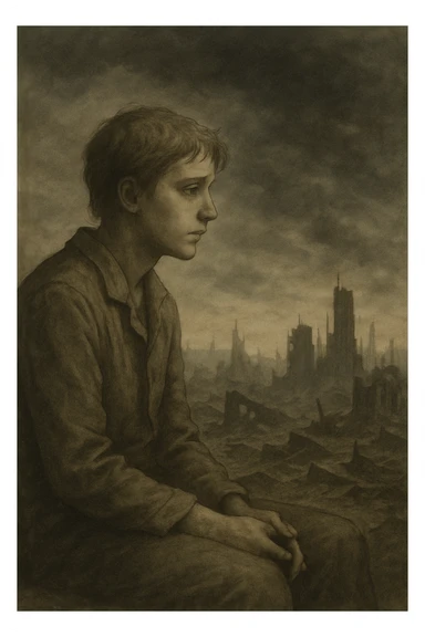 A person sitting peacefully, gazing at a distant apocalyptic landscape, with a calm expression and a subtle hint of sadness in their eyes, muted colors, gentle lighting, end-of-the-world theme. sticker