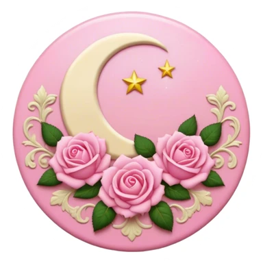 A round pink button with a cream colored damask moon and pink roses in the center sticker