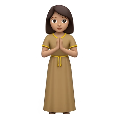 Show the woman standing and praying from the front view, wearing a long tan dress, with dark brown hair, in emoji style. Remove the background. sticker