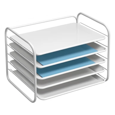 A minimal, clean emoji-style illustration of a white metal desk paper organizer tray, shown in slight isometric view so its structure is readable at a small scale. The organizer is rectangular with rounded corners, made of thin white metal wires, forming two to three stacked horizontal slots.
 sticker