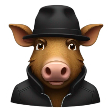 fullface wild tired brown boar with stubble in a black jacket and a black winter hat sticker