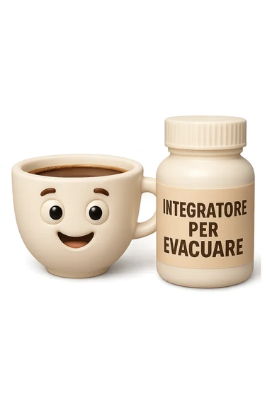 EMOJI STILE IPHONE 3D DI un caffè e di una boccetta di integratore con la scritta "INTEGRATORE PER EVACUARE" SULL'ETICHETTA, iperrealistico 4k sticker
