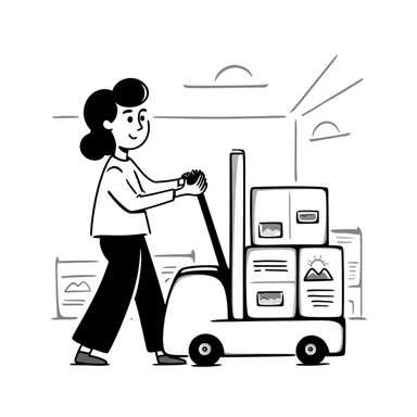 A hand-drawn warehouse worker with a forklift carrying inventory, representing a supplier sticker