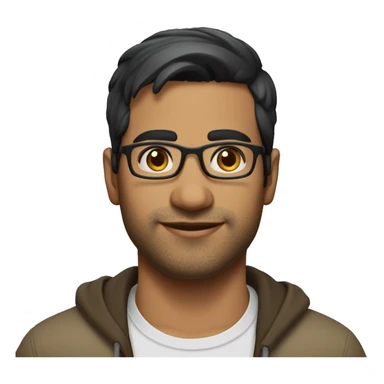 A head and shoulders shot of a 31 year old South Asian man, with short black hair, with none facial hair,  wearing glasses with brown eyes wearing a t-shirt. sticker