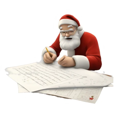 White Father Christmas is sitting on a desk, writing something down on a sheet of paper, solving complicated math puzzles, you can see the math tasks/ exercises sticker