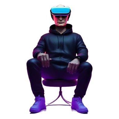 Vladimir Putin wearing a black hoodie with "OMG" letters on it and VR headset oculus quest 2 in a cyberpunk VR environment with violet neon lighting. sticker