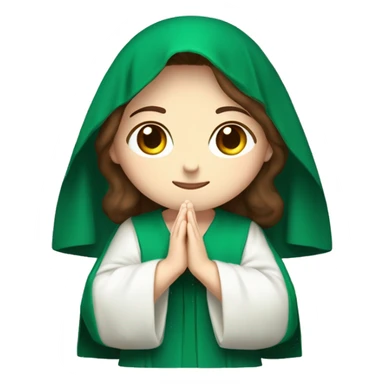 Serene and kind face pale skin with with brown hair. Wearing an emerald green  robe and white veil. Hands in prayer or blessing. Halo around her head. Often standing on a crescent moon.  sticker