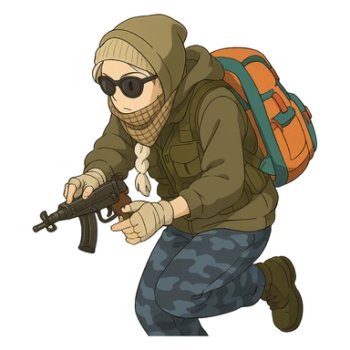 1 female, long white braid, knit cap, dark sunglasses, shemegh neckwrap, fishing vest, vibrant shool backpack, drab hoodie, handwraps, blue camo pants, tactical reload of a VZ-64 Scorpion, hunched over, on the move sticker