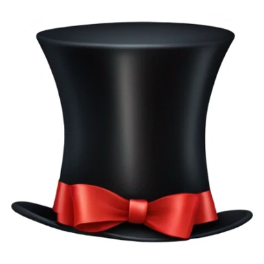 A black top hat displaying a red ribbon around the base. The ribbon forms a visible bow at the front, with the ends falling slightly over  sticker