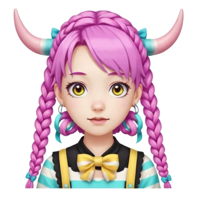 En anime-ku-jente med to rosa lange tykke fletter og cyan striper i håret, ku-horn og ku-ører, sort BH-topp over en gul cropped-fleece-blouse, lilla øyne, søt sløyfe på halsen  sticker