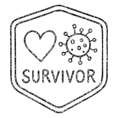 hand-drawn outlined badge with a heart and virus, text 'Survivor' sticker