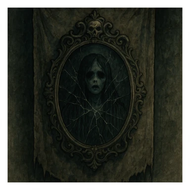 creepy banner, cursed mirror with ghostly reflection and shattered glass, supernatural horror style sticker