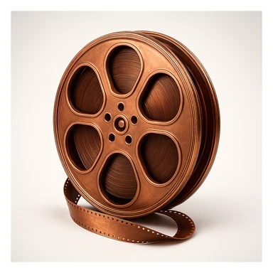 film reel floating in space with a warm copper-colored star behind it, copper tones, cinematic, dramatic lighting sticker