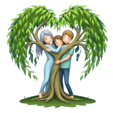 heart-shaped weeping willow tree surrounding two friends hugging in a comforting way, supportive embrace, with a blue moon rising behind the tree sticker