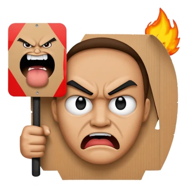 A protester with a sign with an angry face on the sign sticker