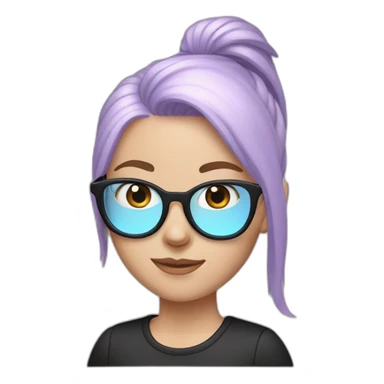 White girl with light purple hair with Ponytail and pastel pink and pastel blue glasses with a black shirt sticker