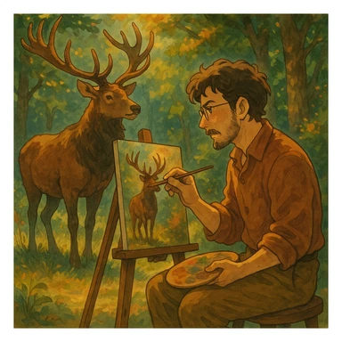 a man painting an elk, unique artistic style, detailed, expressive, warm colors sticker