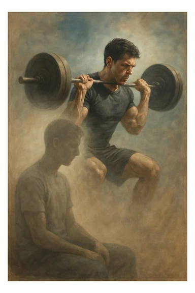 realistic style, person sitting imagining themselves training with weights, dreamlike scene, detailed realism, 2:3 aspect ratio sticker